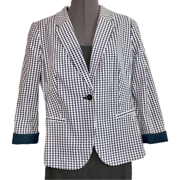 The Limited | Navy Gingham Check Seersucker Blazer Jacket, Large - Picture 1 of 7